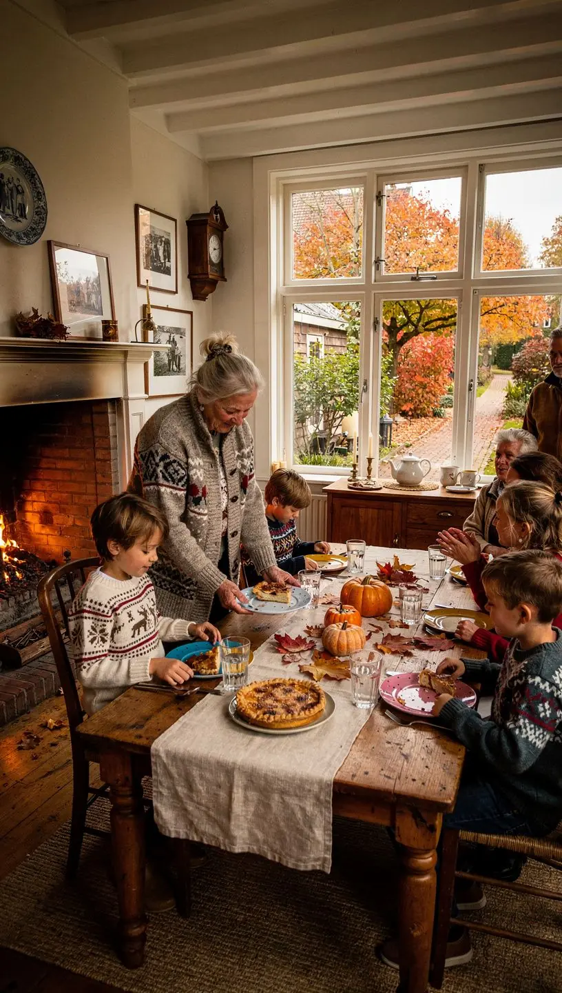 Gezellige appelpluk activiteit in een boomgaard omringd door herfstkleuren.